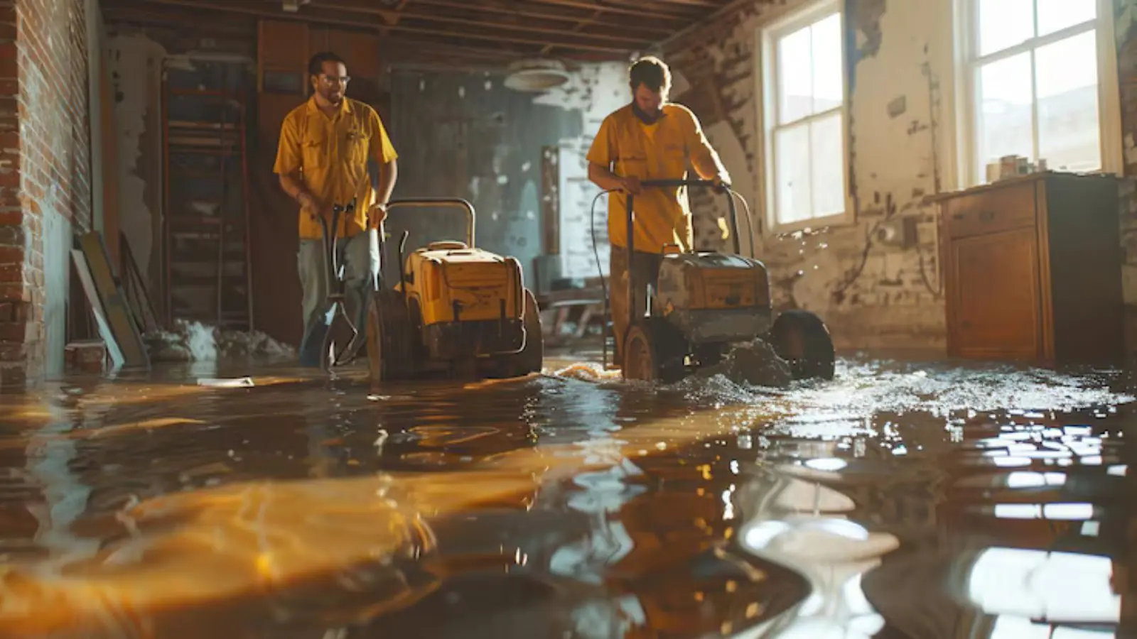 Restoration crew extracting water from a water-damaged room with drying equipment running